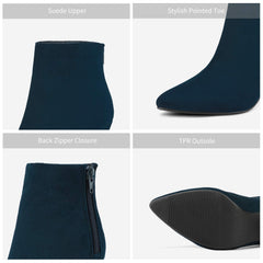 Navy Blue Suede Winter Chic Pointy Toe Low Heel Ankle Boots