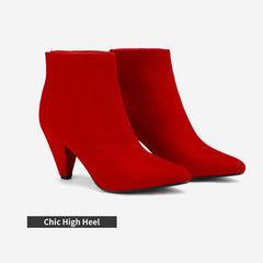 Red Suede Winter Chic Pointy Toe Low Heel Ankle Boots
