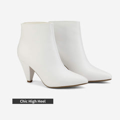 White Faux Leather Winter Chic Pointy Toe Low Heel Ankle Boots