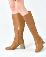 Khaki Wide Calf Square Heel Knee High Boots