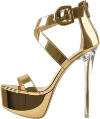 Gold Clear Heel Open Toe Ankle Strap Sandals