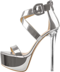Silver Clear Heel Open Toe Ankle Strap Sandals