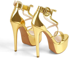 Platform Stiletto Gold Open Toe Crisscross Sandals