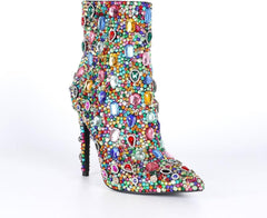 Rainbow Rhinestone Embellished Stiletto Heel Ankle Boots
