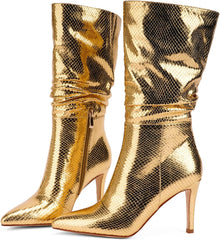 Silver Snakeskin Metallic Stiletto Heel Mid Calf Boots