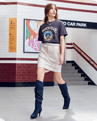 Navy Slouchy Kitten Heel Wide Calf Boots