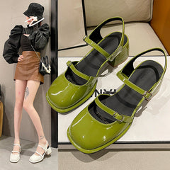 Women's Retro Square Buckle Mary Jane Back Empty Heels