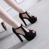 Women's Korean Chunky Waterproof Platform Peep-toe Heels
