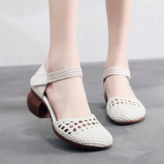 Women's Toe Breathable Chunky Fashion Woven Hollowed Heels