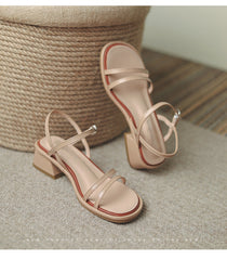 Women's Summer Strap Round Toe Low Chunky Heels