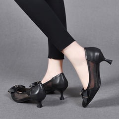 Women's Small Summer Bowknot Hollow-out Pumps Mid Pointed Heels