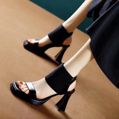 Women's Korean Peep Toe Chunky Square Fashion Elastic Heels