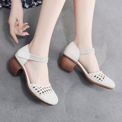 Women's Toe Breathable Chunky Fashion Woven Hollowed Heels