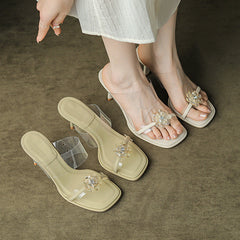 Women's With Transparent Tape Rhinestone Flowers Heels