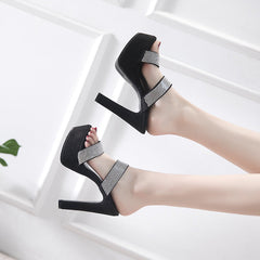 Versatile Women's High Waterproof Platform Rhinestone Heels