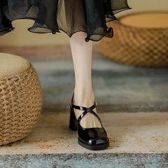 Women's Square/round Head French Style Mary Jane Retro Mid Heels