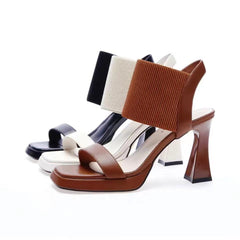 Women's Korean Peep Toe Chunky Square Fashion Elastic Heels