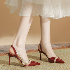 Women's Rivet Stiletto Female Wine-red Pointed Sandals