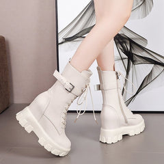 Canvas High-Top Platform Lace-Up Motorcycle Boots