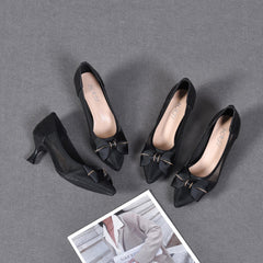 Women's Small Summer Bowknot Hollow-out Pumps Mid Pointed Heels