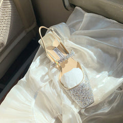 Women's Spring Buckle Closed Toe Rhinestone Chunky Back Heels