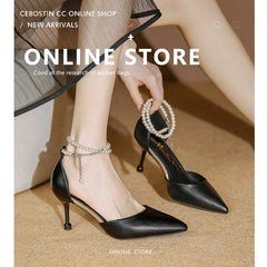 Women's French Style Pearl Buckle High Stiletto Hollowed Heels