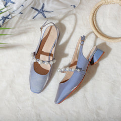 Women's Mid Pearls Strap Square Front Bag Heels