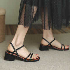 Women's Summer Strap Round Toe Low Chunky Heels