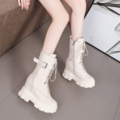 Canvas High-Top Platform Lace-Up Motorcycle Boots