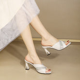 Women's Cowhide Diamond Round Toe High Summer Heels