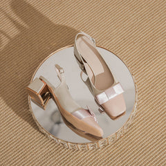 Women's Bow Square Toe Chunky Pumps Heels