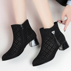 Unique Women's Mid Chunky Perforated Retro Heels