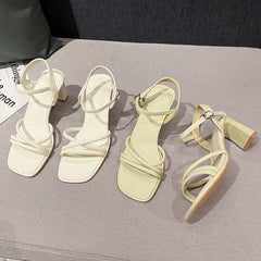 Women's Summer Square Toe Open High Mid Heels