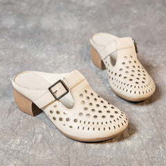 Women's Chunky First Layer Cowhide Mom Handmade Heels