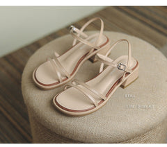 Women's Summer Strap Round Toe Low Chunky Heels