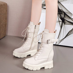 Canvas High-Top Platform Lace-Up Motorcycle Boots