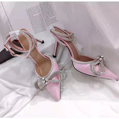 Women's Pointed-toe Bowknot Rhinestone High Silk Back Heels