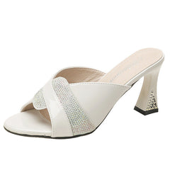 Women's Cowhide Diamond Round Toe High Summer Heels