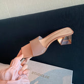 Women's Mom Summer Square Head Rhinestone Transparent Crystal Heels