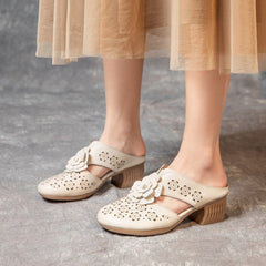 Women's Thick High Toe Box Summer Cowhide Heels