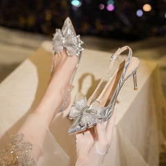 Women's French Crystal High Bow Wedding Rhinestone Pointed Heels