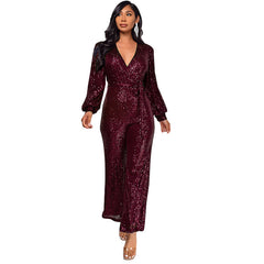 Whole New World Sequin Front Tie Jumpsuit - Burgundy