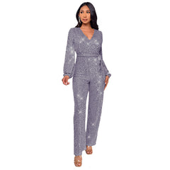 Whole New World Sequin Front Tie Jumpsuit - Burgundy