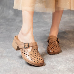 Women's Chunky First Layer Cowhide Mom Handmade Heels