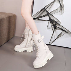 Canvas High-Top Platform Lace-Up Motorcycle Boots