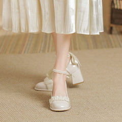 Women's High Summer Gentle Temperament Chunky Beaded Mary Heels