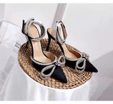 Women's Pointed-toe Bowknot Rhinestone High Silk Back Heels