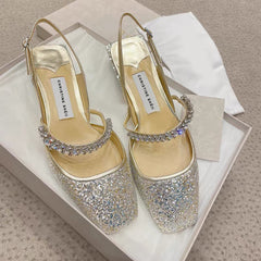 Women's Spring Buckle Closed Toe Rhinestone Chunky Back Heels