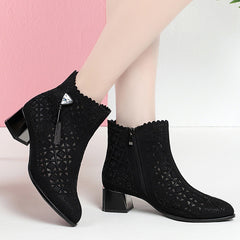 Unique Women's Mid Chunky Perforated Retro Heels
