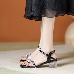 Women's Fashion Chunky Pearl Crystal Ankle-strap High Heels